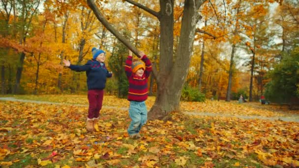 Les petits garçons jouent aux confettis dans le parc d'automne 