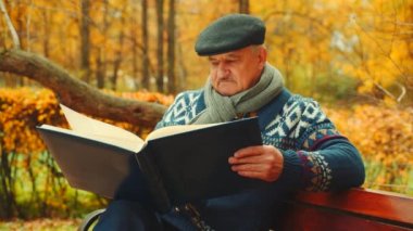 Yaşlı adam büyük fotoğraf albümü sonbahar parkta izliyor