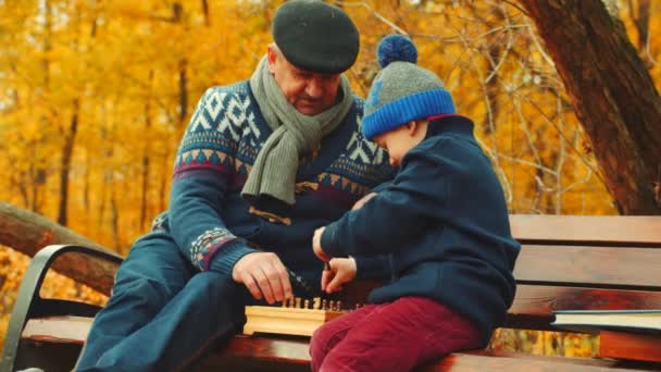 El abuelo está enseñando a su nieto a jugar al ajedrez en el banco en el parque de otoño — Vídeo de stock