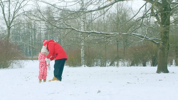 O rapazinho está a passear com o avô no parque de Inverno. — Fotografia de Stock