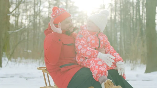 Feliz niño y su abuelo en el trineo en el parque de invierno —  Fotos de Stock