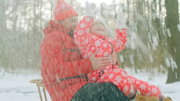 Feliz niño y su abuelo en el trineo en el parque de invierno —  Fotos de Stock