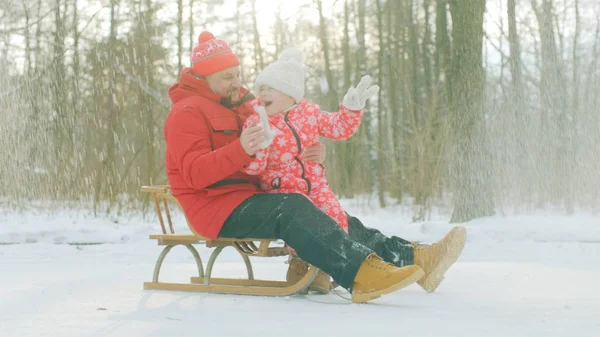 Feliz niño y su abuelo en el trineo en el parque de invierno —  Fotos de Stock