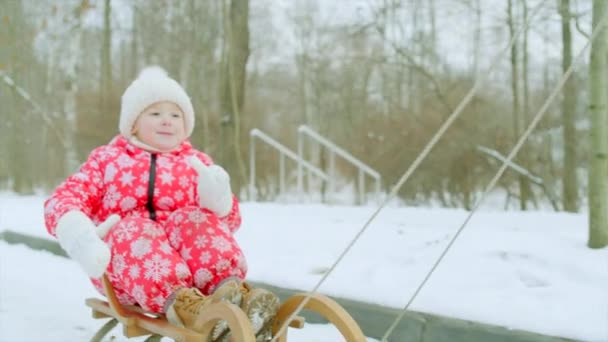 Счастливый маленький мальчик на санях в зимнем парке со своим дедушкой — стоковое видео