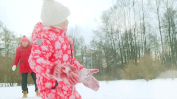 Jongetje speelt sneeuwballen met zijn grootvader in de winter park — Stockvideo