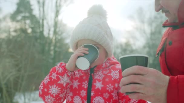 Niño y su abuelo están tomando té caliente después de patinar en el lago — Vídeos de Stock