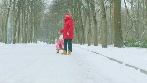 Mały chłopiec i jego dziadek na spacer na zimowe wieczory — Wideo stockowe