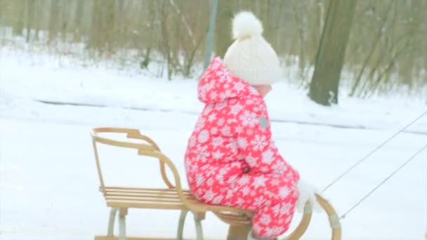Küçük bir çocuk ve onun dedesi kış gününde yürüyüş — Stok video