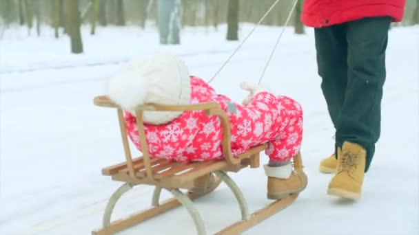 Malý chlapec a jeho dědeček na procházce na zimní den — Stock video