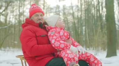 Mutlu küçük çocuk ve dedesi kış parkta kızak üzerinde