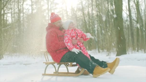 Glücklicher kleiner Junge und sein Großvater auf dem Schlitten im Winterpark — Stockvideo