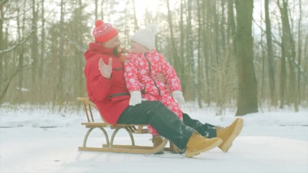 Щасливий маленький хлопчик і його дід на санях в зимовому парку — стокове відео