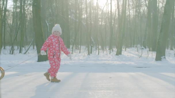 Malý chlapec se vozí na saních plné vánočních dárků — Stock video