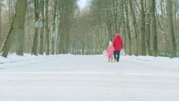 Мальчик и его дедушка ходят с подарочными пакетами в руках. — стоковое видео