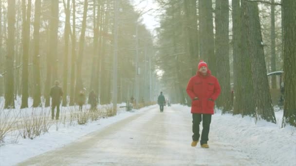 Yaşlı adam bir yürüyüş güneşli kış gününde geçiriyor — Stok video