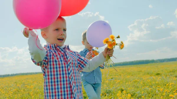 Glückliche kleine Jungen mit Luftballons und Blumen in den Sommerferien — Stockfoto