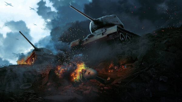 Два боевых танка в обломках сбитого самолета

