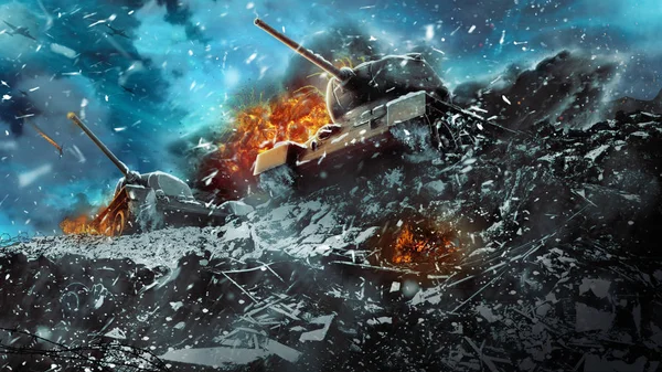 Deux chars de bataille se déplacent dans une tempête de neige — Photo