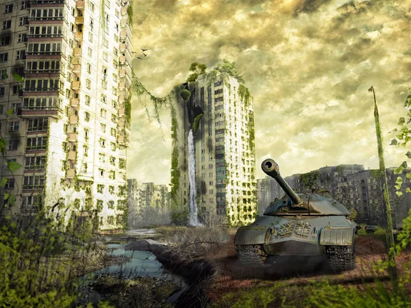 The tank in the ruins of the city. Apocalyptic landscape