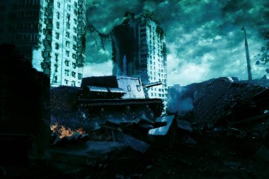 The tank in the ruins of the city. Apocalyptic landscape clipart