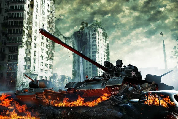 The tank in the ruins of the city. Apocalyptic landscape — Stock Photo, Image