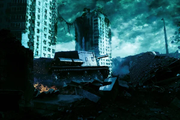 The tank in the ruins of the city. Apocalyptic landscape