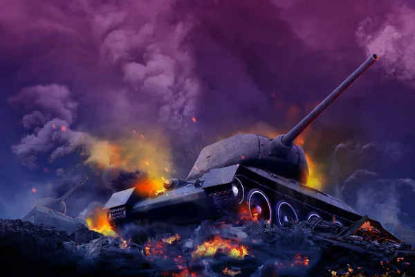 Tank on the hill burning fire — Stock Photo, Image