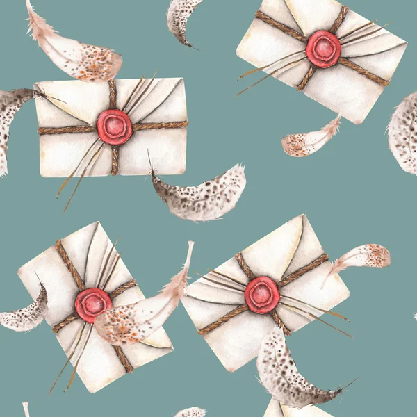 원활한 패턴 수채화 빈티지 메일 봉투와 깃털 — 스톡 사진