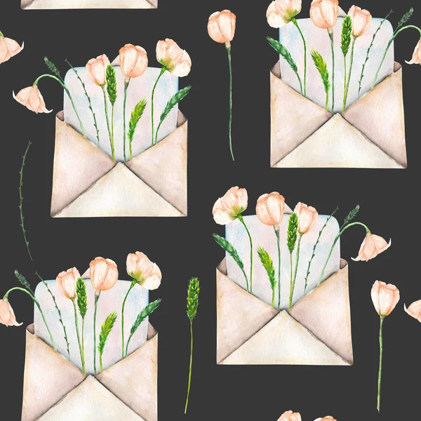 Naadloze patroon met aquarel vintage mail enveloppen en roze bloemen — Stockfoto