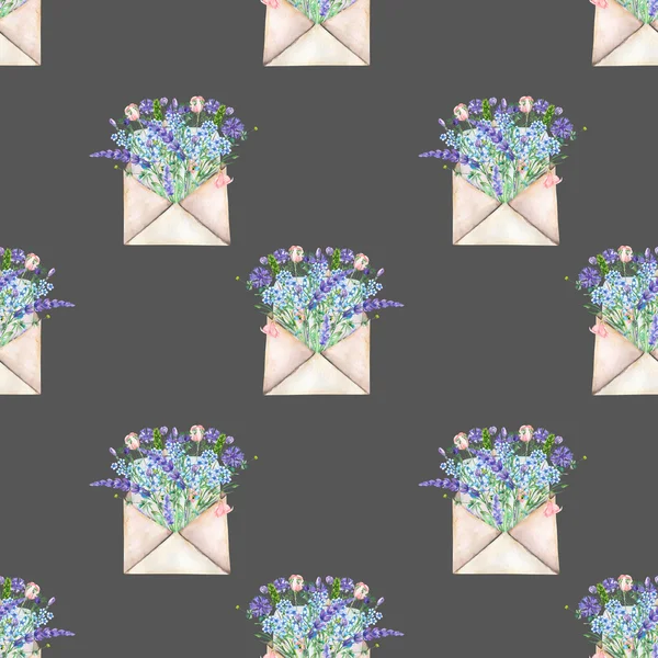Nahtloses Muster mit Aquarell-Briefumschlägen und blauen Blumen — Stockfoto