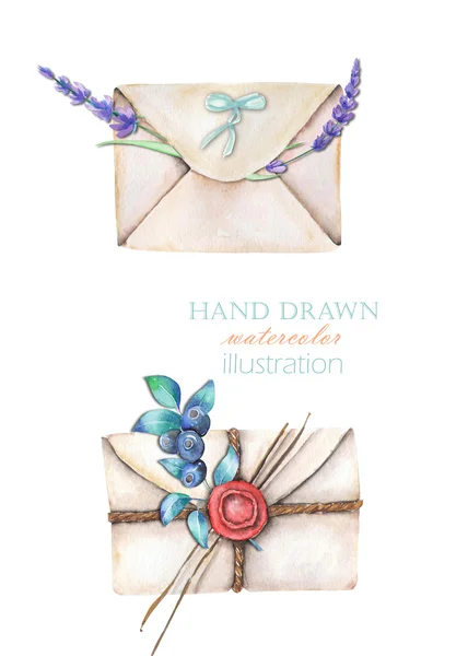 Illustration with watercolor vintage mail envelopes and flowers — Stock Photo, Image