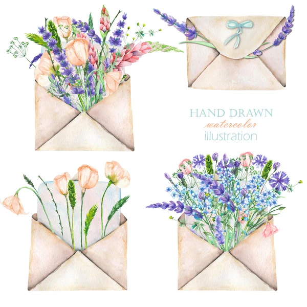 Ilustrace s akvarel vintage poštovní obálky a květiny — Stock fotografie