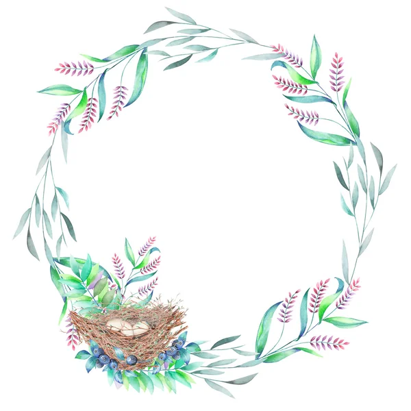 サークル フレーム、水彩の緑の枝やブルーベリー、鳥の巣、白い背景の上に描画の手と花輪 — ストック写真
