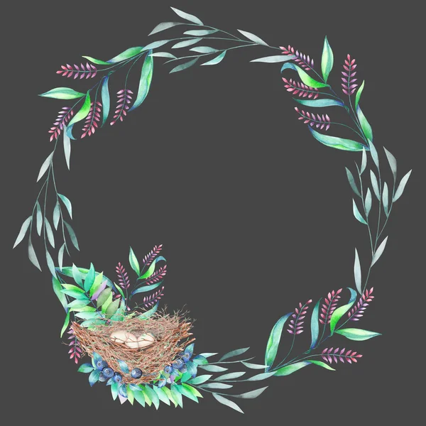 Circle frame, wreath with watercolor green branches, blueberries and bird nest, hand drawn on a dark background