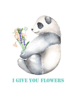 Şablon kartpostal suluboya resim panda ve buket çiçek ile /