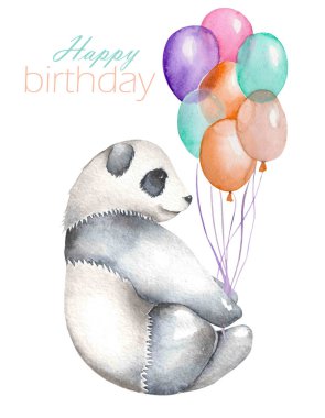 Şablon kartpostal suluboya resim panda ve hava balonları /