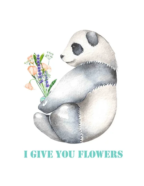 Modelo de cartão postal com panda ilustração aquarela e buquê de flores — Fotografia de Stock