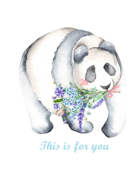 Sablon akvarell illusztráció panda és a csokor virág képeslap — Stock Fotó