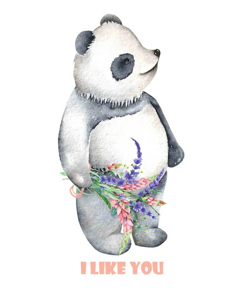Modelo de cartão postal com panda ilustração aquarela e buquê de flores — Fotografia de Stock