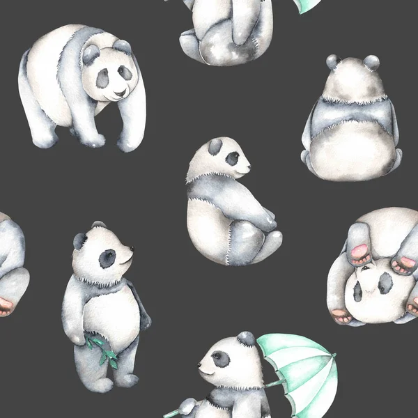 Бесшовный узор с акварельными пандами — стоковое фото
