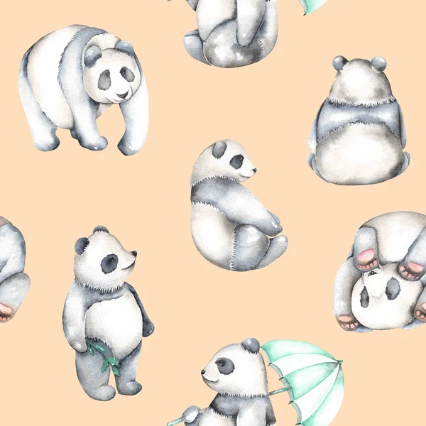 Seamless pattern with watercolor pandas