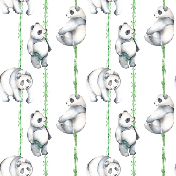 Nahtloses Muster mit Aquarell-Bambus und Pandas — Stockfoto