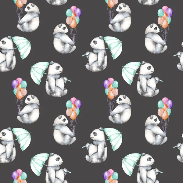 Бесшовный узор с пандами акварелью с воздушными шарами и зонтиком — стоковое фото