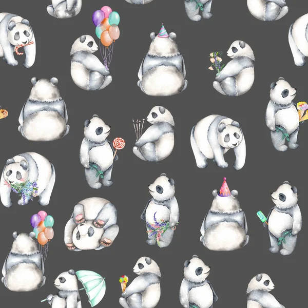 Nahtloses Muster mit Aquarell-Pandas, handgezeichnet auf dunklem Hintergrund — Stockfoto