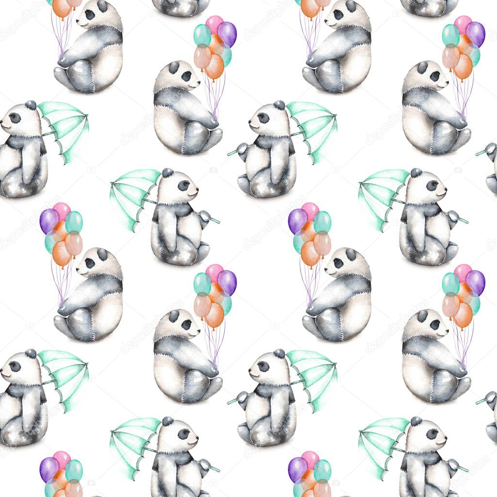 Seamless pattern with watercolor pandas with air baloons and umbrella