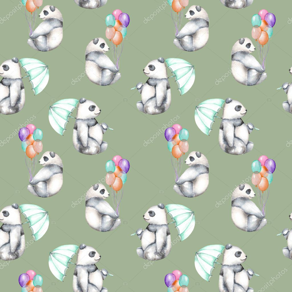 Seamless pattern with watercolor pandas with air balloons and umbrella