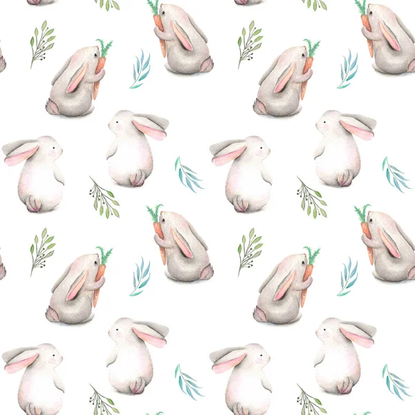 Seamless mönster med akvarell kaniner och gröna grenar — Stockfoto