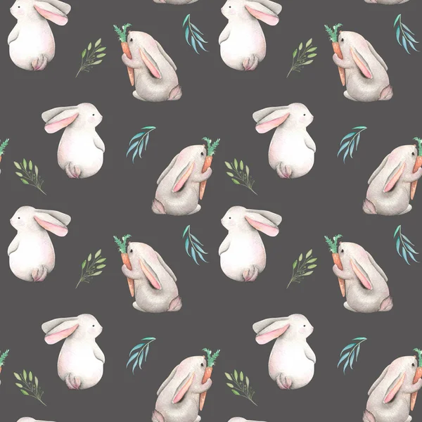 Suluboya tavşan ve yeşil dallar ile Seamless Modeli — Stok fotoğraf