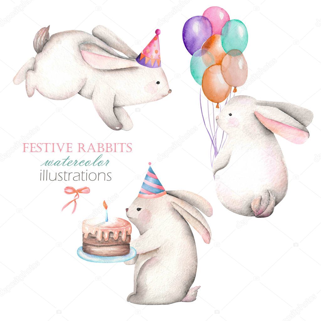 Collection, set of watercolor festive rabbits