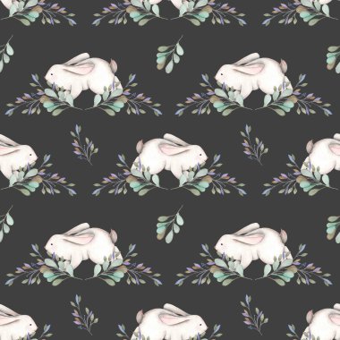 Suluboya tavşan ve yeşil dallar ile Seamless Modeli
